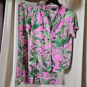 Pajamas Room Service Womens 2-Piece Pajama Set Pink Palms Leaves Small Tropical